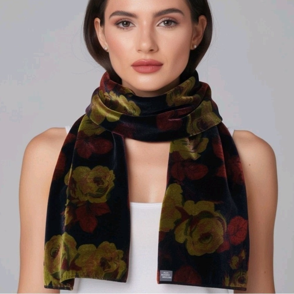 Chelsey by Joseph Womens Velvet Scarf Silk Blend Floral Rose Black Green 56x10